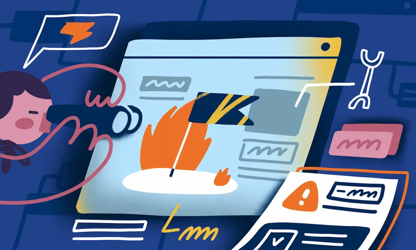 Abstract illustration representing defect management in software testing, depicting interconnected shapes to symbolize issue tracking, error resolution, and continuous quality improvement.